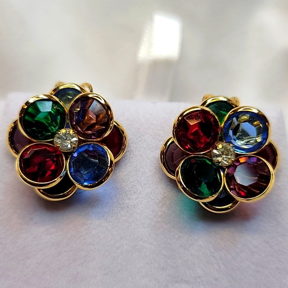 Vintage Flower Burst Earrings Clip on Costume Statement Jewelry ✨️ Gold Tone
